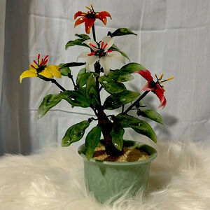 Vintage Jade Glass Flowering Bonsai